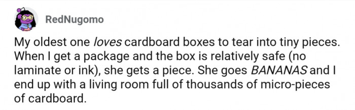 18. She's given all cardboard packages to shred as she desires