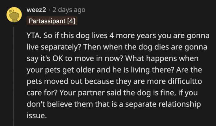 Is there a deeper reason why OP wants to postpone moving in with her BF that goes beyond his elderly dog?