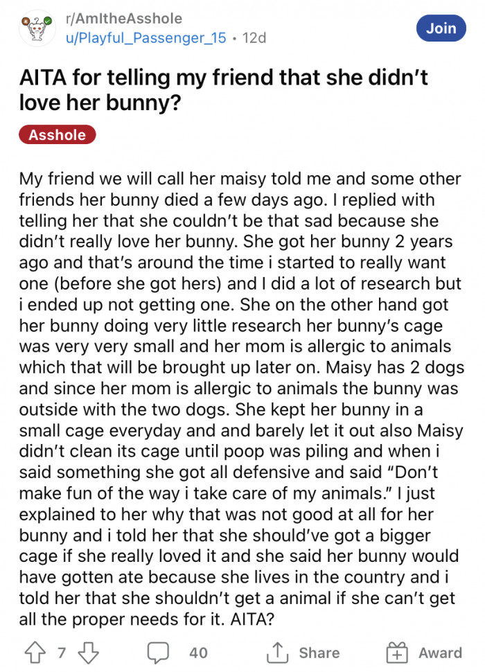The Redditor asked if she is the a**hole for telling her friend that she didn't love her bunny.