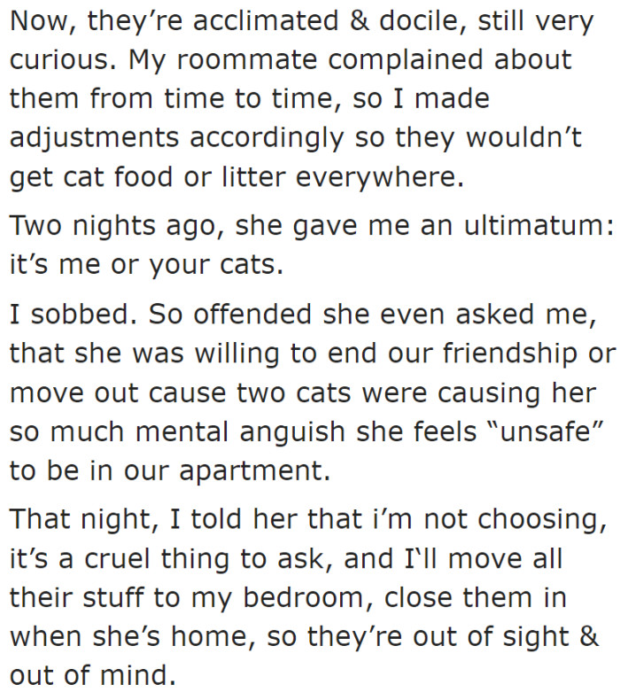She got the cats fixed up, and they didn't have as many problems anymore, but her roommate still gave her an ultimatum.