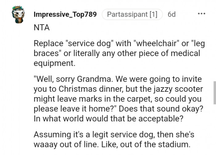 If it's a legit service dog, then she's way out of line
