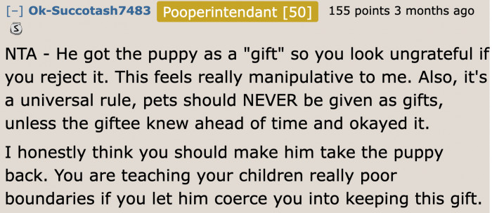 When giving a pet as a gift, the recipient must agree first.