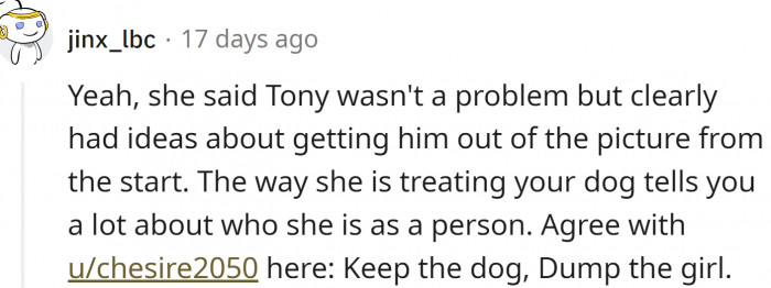 The way she is treating his dog tells a lot about who she is as a person.