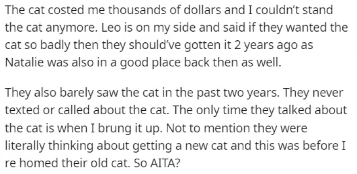 She ended up rehoming the cat instead of taking it to a shelter.