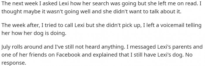 OP called her and sent numerous messages, but his ex wasn't replying. Neither were her parents when he tried to contact them.