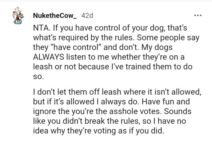 This redditor doesn't let their dogs off-leash where it is not allowed
