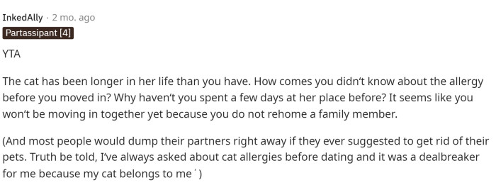 It's hard to tell how invested people are in their pets, and if he doesn't view the cat the same way she does, then he doesn't understand.