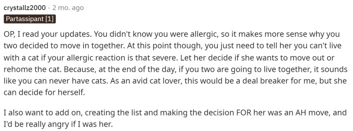 This person is advocating for OP after reading some of his updates, but they said creating the list and trying to make the decision for her was the AH move, which we have to agree on.