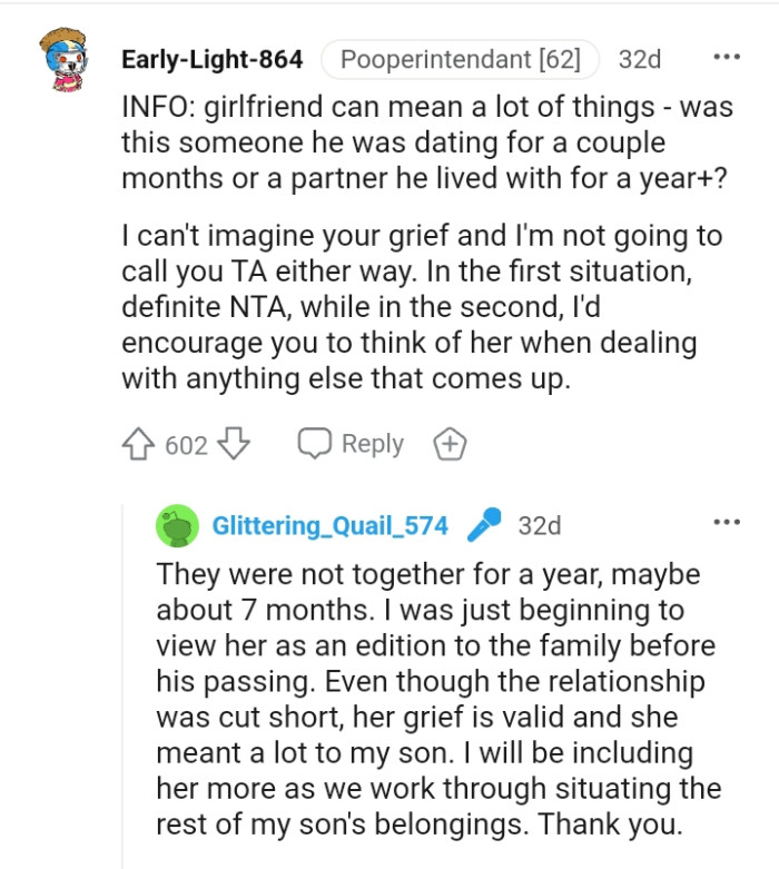 The OP was just beginning to view her as an addition to the family