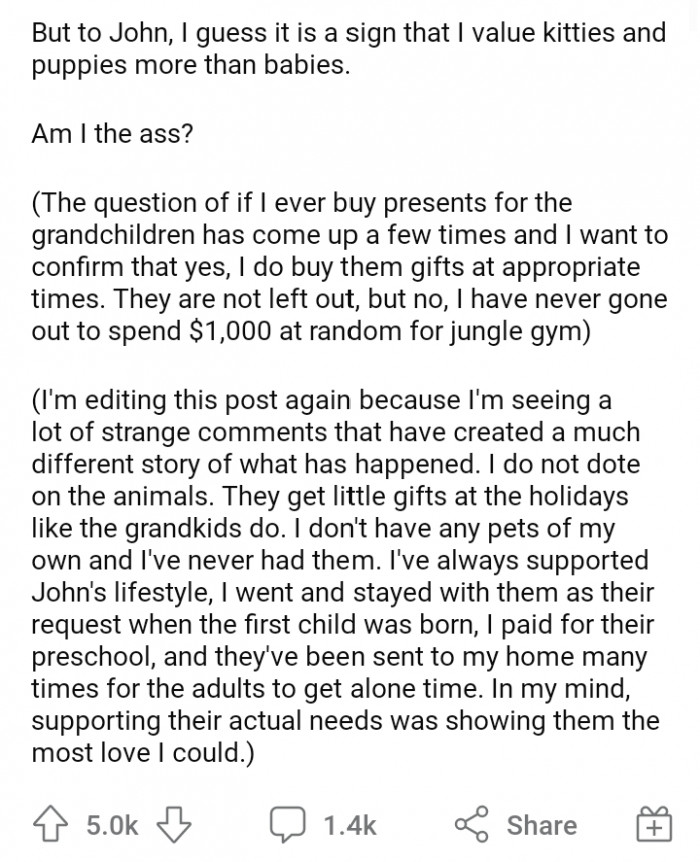To her son, it was a sign that OP values kitties and puppies more than babies.