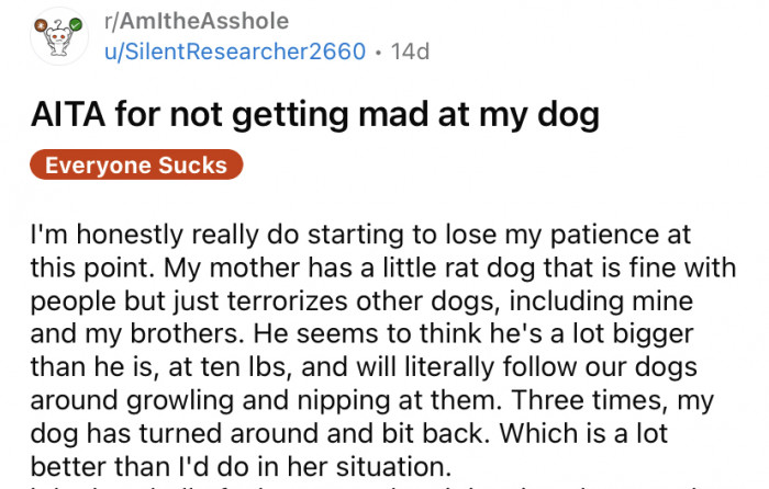 The OP recently shared a story about a dilemma they're facing with their mother's dog.