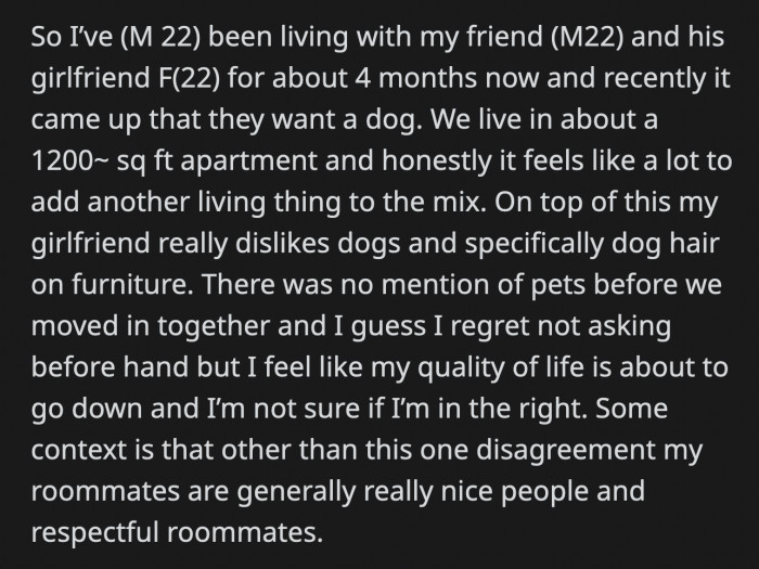 He feels that his quality of life will diminish should they go through with their plan. Would OP be overstepping if he tells his roommates they can't get a dog?