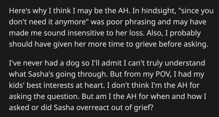 She Called OP a Vulture and Other Things. However, OP Doesn't Know If She Was Wrong for Phrasing Her Question That Way or If Sasha Was Overreacting Because of Her Grief. What Do You Think?