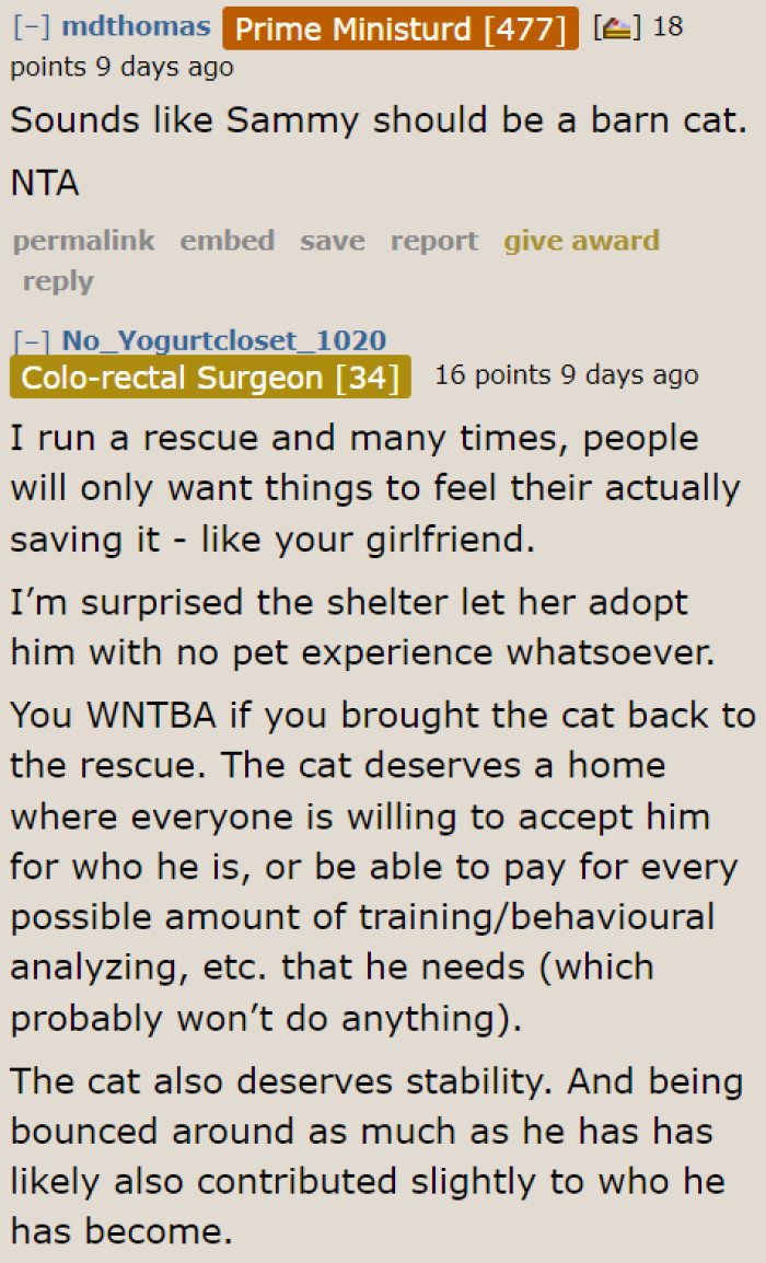 This cat isn't compatible with the current owners. So it's okay taking it back to the shelter to be adopted, one day, by an owner who will accept its problematic behavior..