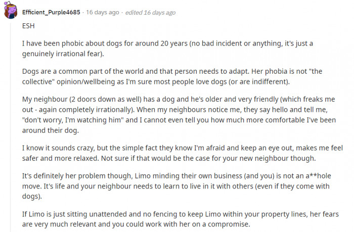 This person shared her experiences with the same phobia that the neighbor has. Apparently, everyone is at fault here.