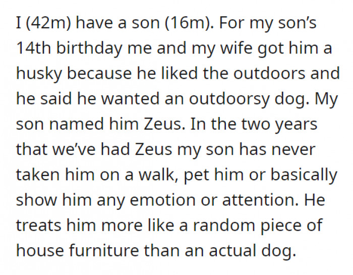 OP got his son a husky for his 14th birthday because he wanted a pet that would complement his love for the great outdoors. However, things did not end well since his son didn't seem to have any interest in caring for the dog, and he has never even taken the animal out for a walk in the two years that it has been with him.