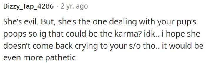 She's Wicked, but Maybe Dealing with OP's Dog's Poop Is Her Karma.
