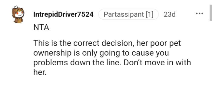 Her poor cat ownership will cause the OP problems down the line.