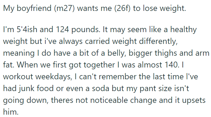 The OP's boyfriend wants her to lose weight, and she's really trying, but her size isn't going down regardless of lost kilos: