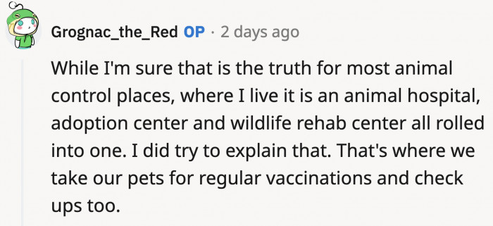 OP says that's not what the animal control in their state is like, and Sara was there for Abby during her final moments