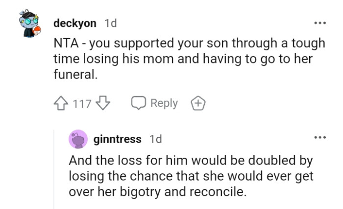 The OP supported his son through a tough time losing his mom