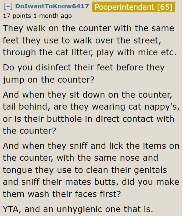 Imagine all the germs that get on their counter. No wonder the girlfriend is upset.