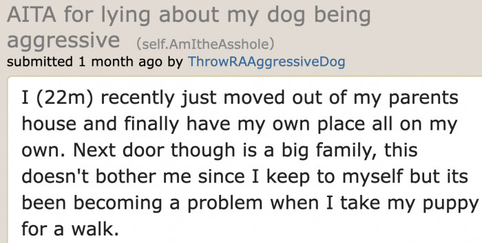 The original poster (OP) moved out of his family home with his dog.