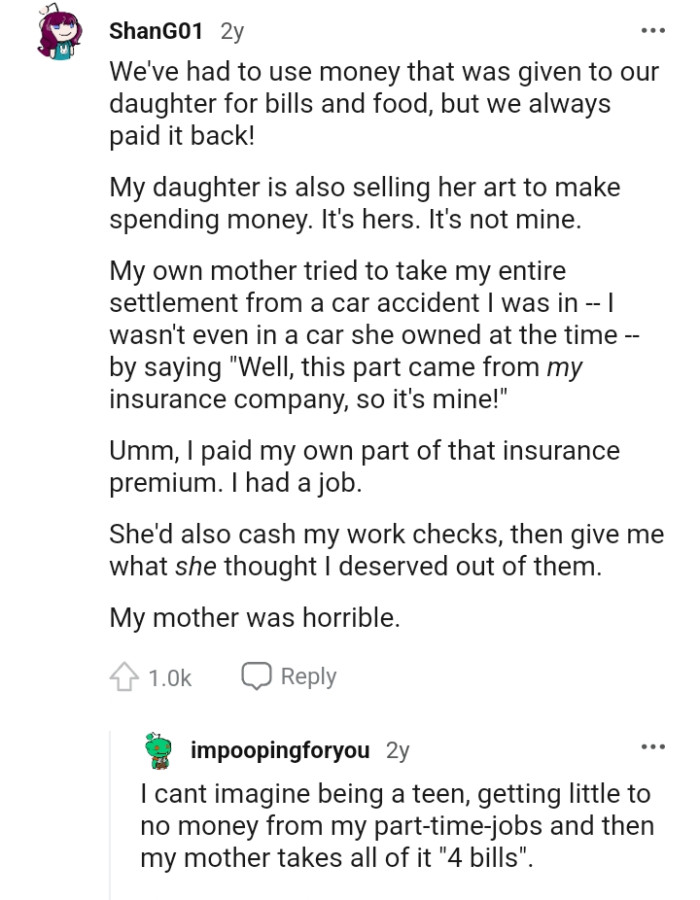 Redditor Calls Out Their Entitled Mom For Taking All Of Their Money For Two Whole Decades