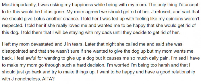 The behavioral issues from Lotus were too much to bear, and so OP asked that she be let go. However, J was not having it