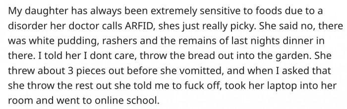 Her daughter suffers from ARFID that makes her extremely sensitive to certain foods.