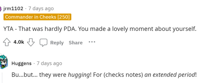 It was barely PDA and people reminded OP of that early on in the comments because they could have been doing much worse.