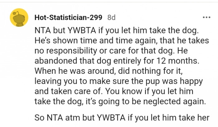 8. The dog will be neglected if you let him take her