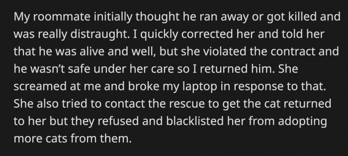 OP's roommate thought the cat was missing or dead and was distraught about it. OP informed her that she had surrendered the cat.