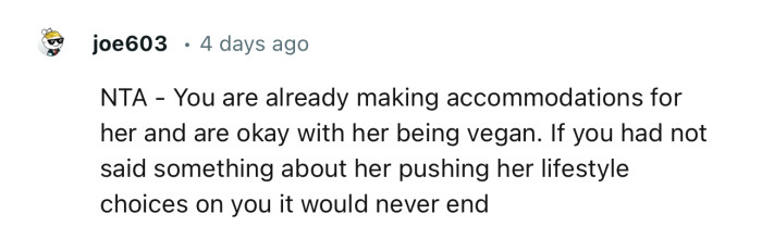 “NTA - You are already making accommodations for her and are okay with her being vegan.“
