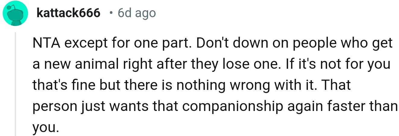 “NTA except for one part. Don't down on people who get a new animal right after they lose one.”