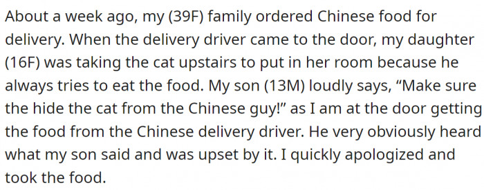 The Asian delivery driver was visibly upset after OP's son made a stereotypical joke about him.