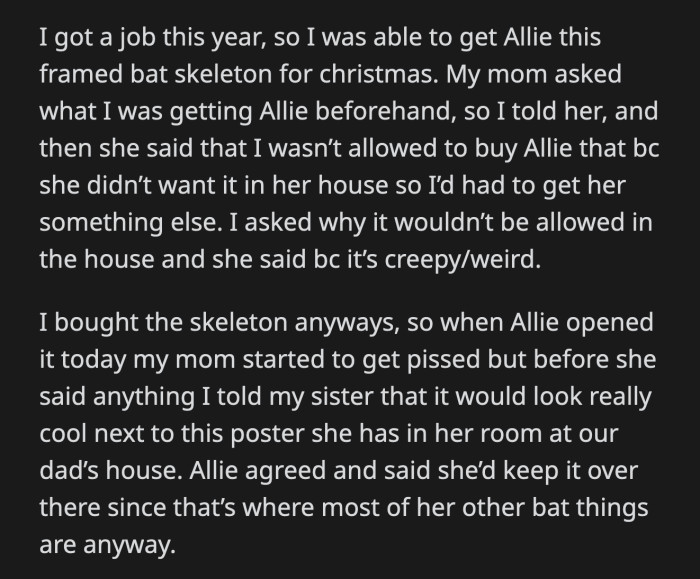 Their mom pulled OP aside before the siblings left for their dad's house. She scolded OP for going around her rules.