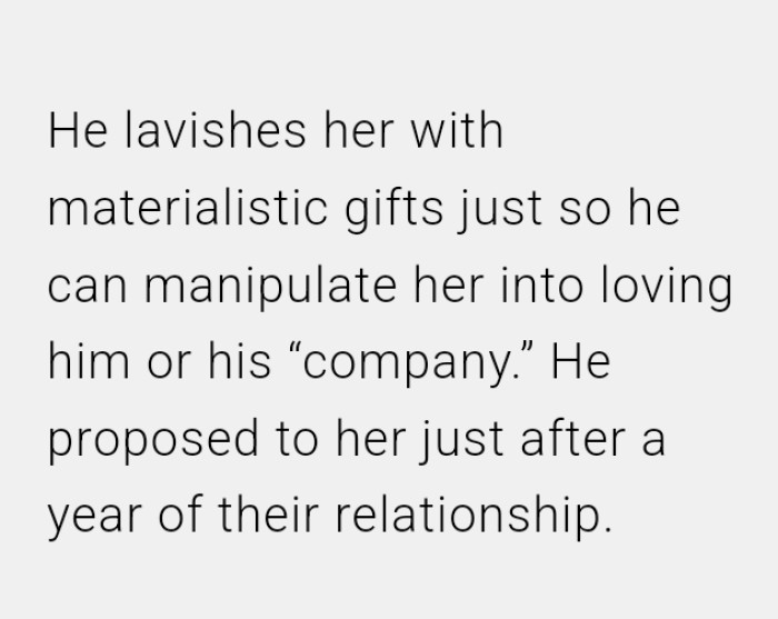 This man apparently showers the OP's girlfriend with materialistic gifts just so he can manipulate her into loving him
