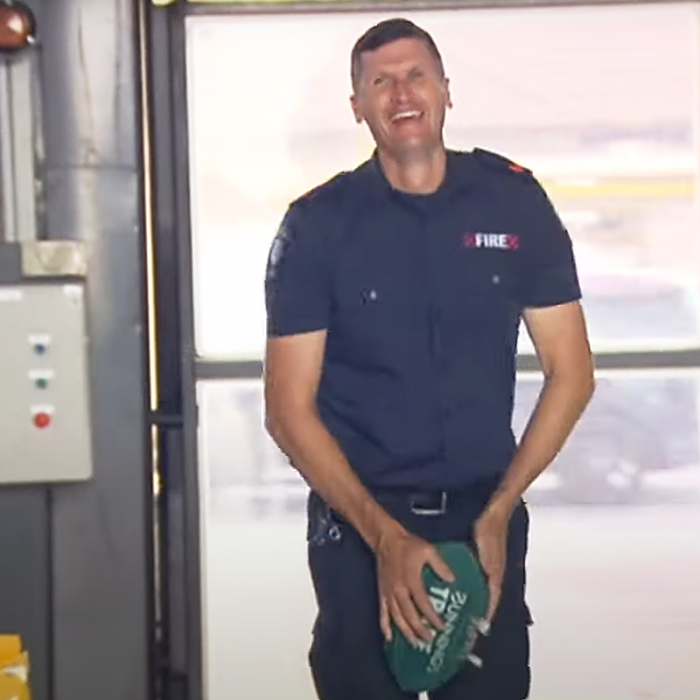 Hodder showing off his catching skills in the firehouse