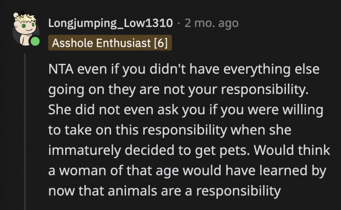 Even if OP had no other responsibilities, they still wouldn't be responsible for the cats their mom adopted