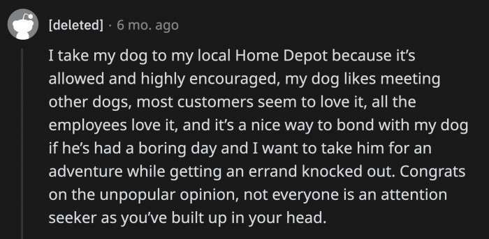 It was indeed unfair to label everyone who takes their dogs to stores as attention seekers. But dogs do have free reign in Home Depot.
