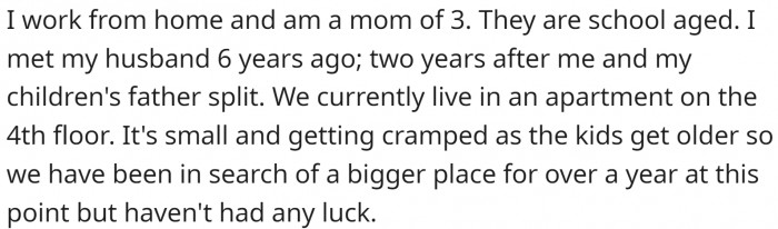 She is married, has three kids from her previous marriage, and works from home. Her home is a pretty small apartment, and it is getting to be crampier as kids grow