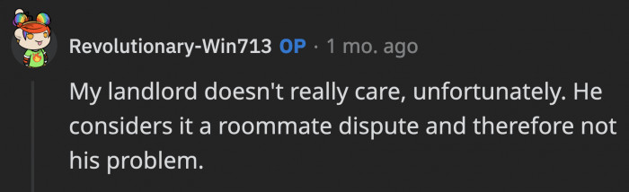 Their Landlord Believes This Issue Is Between OP and Her Roommate and Refuses to Get Involved.