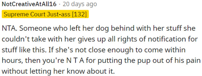 If someone abandons their dog and belongings, they lose the right to be informed about the dog's well-being
