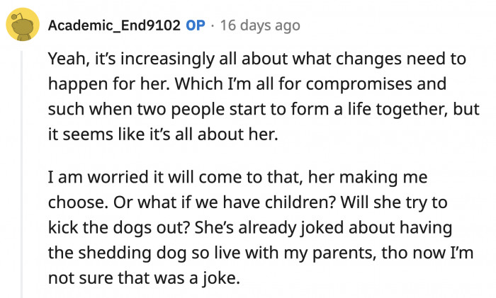 OP feels they've been making all of the compromises to make their relationship work