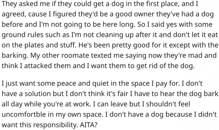 She wants some peace and quiet, but the dog keeps barking.