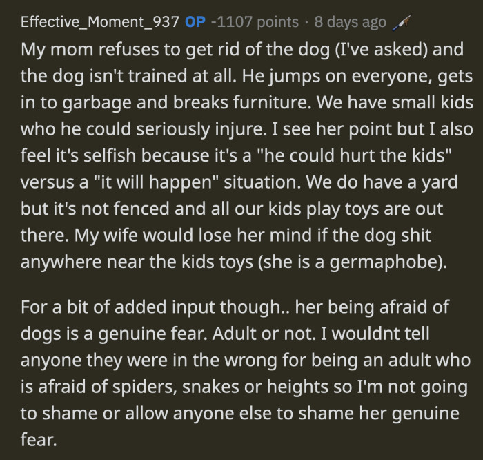 OP gave detailed examples on why the untrained dog can cause a problem and stated that he will never downplay his wife's fear of canines
