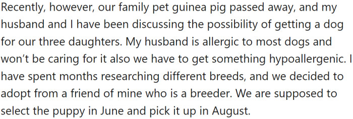 Recently, they decided to get a dog for their three daughters after their pet guinea pig passed away. OP and her spouse chose a hypoallergenic breed after extensive research and planned to adopt a puppy from a friend who is a breeder.