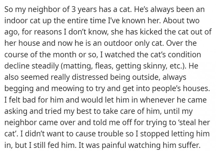 It was painful for OP to watch the cat's health decline, however, wanting to respect their neighbor, they followed what the neighbor wanted