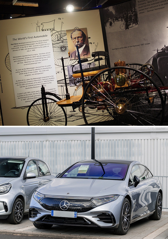 21. Benz Patent-Motorwagen (1885) vs. Mercedes-Benz EQS (2022)